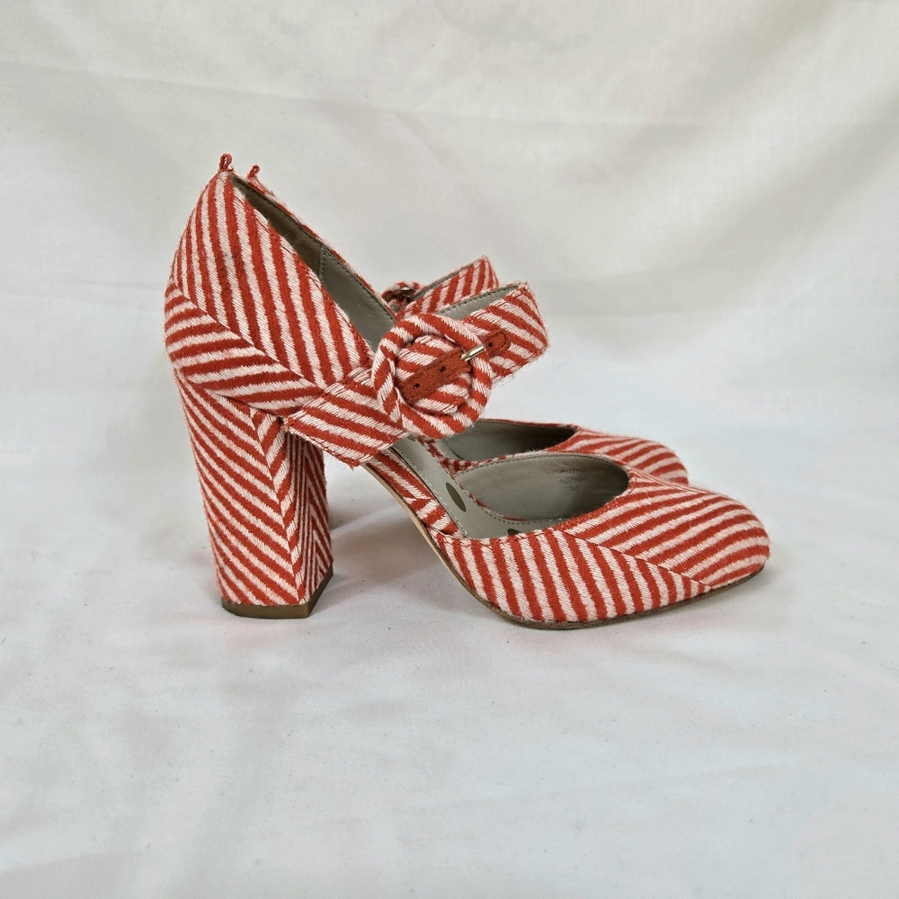 Boden Womens Evie Orange Ivory Stripe Fabric Buckle Mary Jane Pumps EU 36/5.5 US - Picture 3 of 9